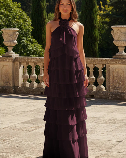 Chiffon 3D Flowers Halter Tiered Ruffles Bridesmaid Dresses
