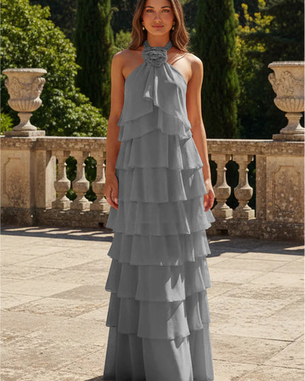 Chiffon 3D Flowers Halter Tiered Ruffles Bridesmaid Dresses