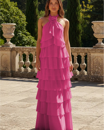 Chiffon 3D Flowers Halter Tiered Ruffles Bridesmaid Dresses