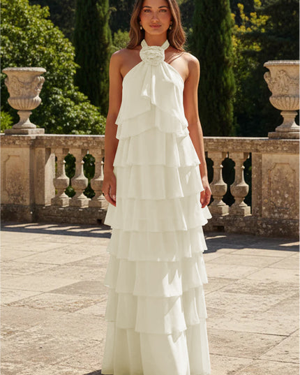 Chiffon 3D Flowers Halter Tiered Ruffles Bridesmaid Dresses