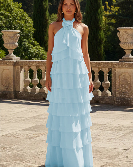 Chiffon 3D Flowers Halter Tiered Ruffles Bridesmaid Dresses