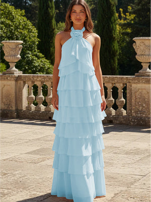 Chiffon 3D Flowers Halter Tiered Ruffles Formal Dresses