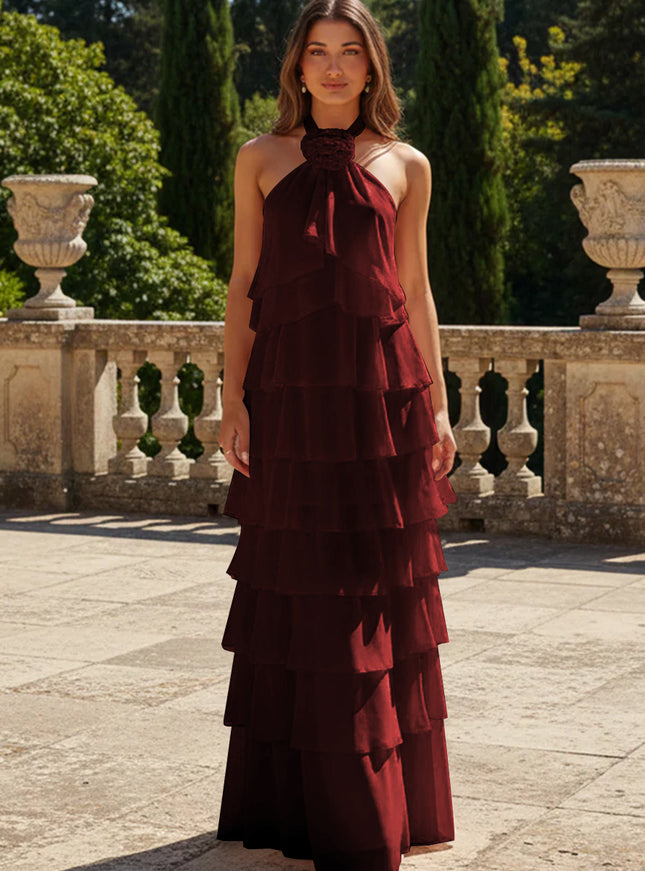Chiffon 3D Flowers Halter Tiered Ruffles Bridesmaid Dresses