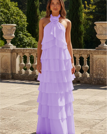 Chiffon 3D Flowers Halter Tiered Ruffles Bridesmaid Dresses
