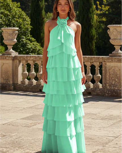 Chiffon 3D Flowers Halter Tiered Ruffles Bridesmaid Dresses
