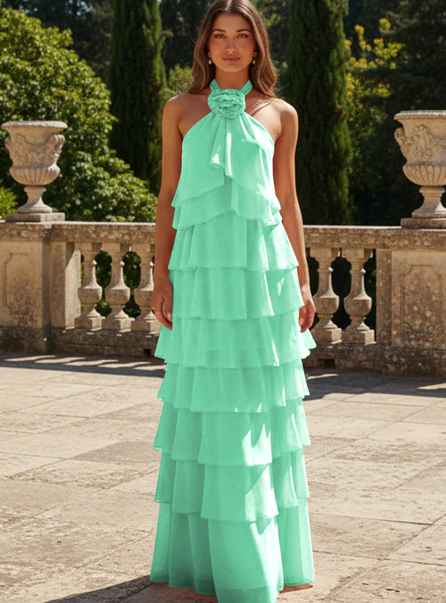 Chiffon 3D Flowers Halter Tiered Ruffles Bridesmaid Dresses