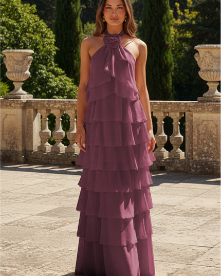 Chiffon 3D Flowers Halter Tiered Ruffles Bridesmaid Dresses