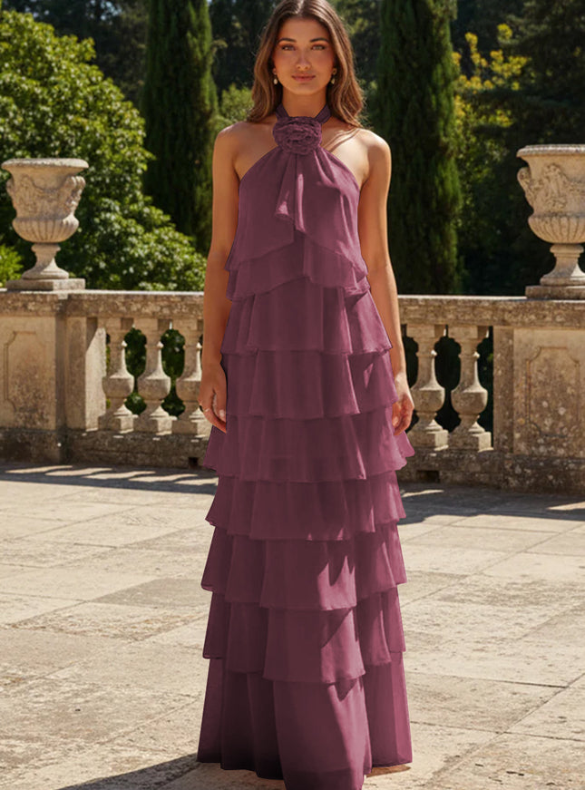 Chiffon 3D Flowers Halter Tiered Ruffles Bridesmaid Dresses