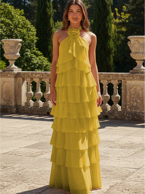 Chiffon 3D Flowers Halter Tiered Ruffles Formal Dresses