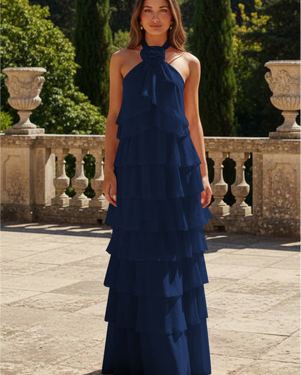Chiffon 3D Flowers Halter Tiered Ruffles Bridesmaid Dresses