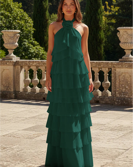 Chiffon 3D Flowers Halter Tiered Ruffles Bridesmaid Dresses