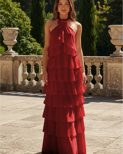 Chiffon 3D Flowers Halter Tiered Ruffles Bridesmaid Dresses