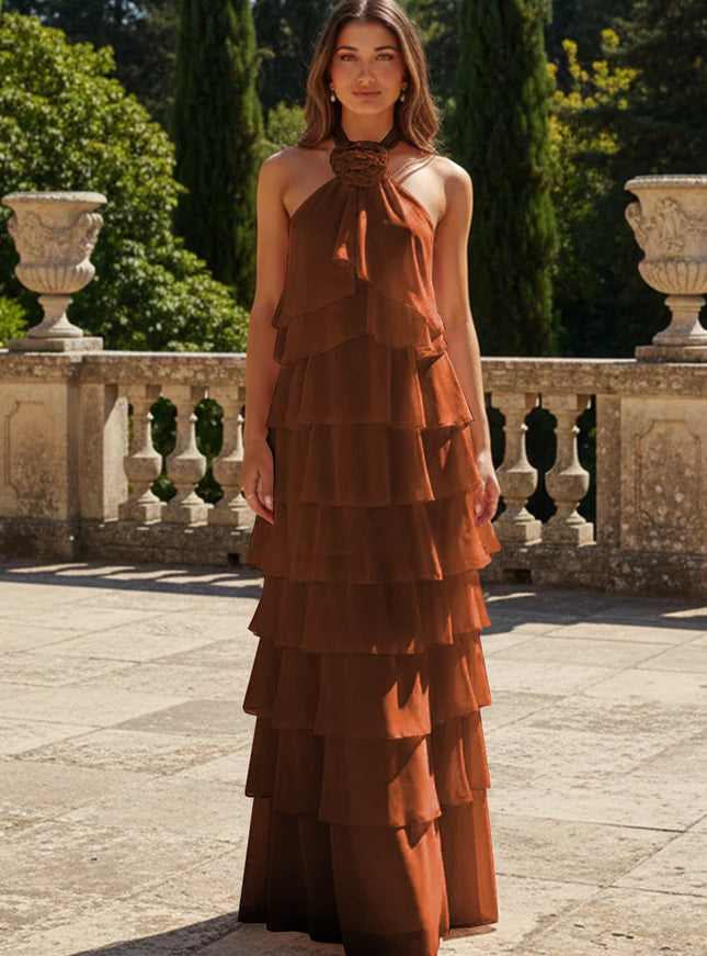 Chiffon 3D Flowers Halter Tiered Ruffles Bridesmaid Dresses