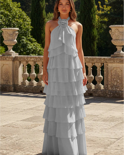 Chiffon 3D Flowers Halter Tiered Ruffles Bridesmaid Dresses