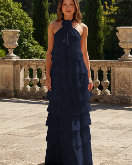 Chiffon 3D Flowers Halter Tiered Ruffles Bridesmaid Dresses