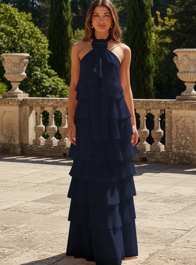 Chiffon 3D Flowers Halter Tiered Ruffles Bridesmaid Dresses