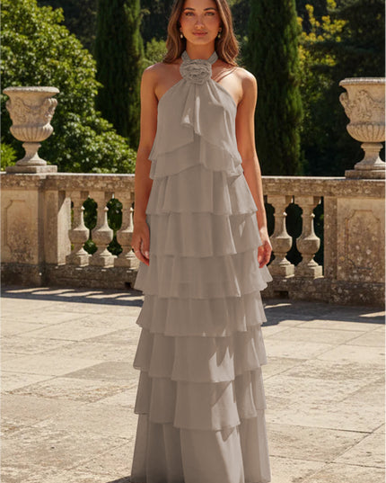 Chiffon 3D Flowers Halter Tiered Ruffles Bridesmaid Dresses