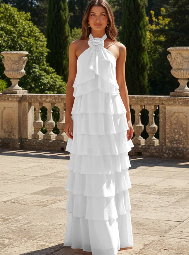 Chiffon 3D Flowers Halter Tiered Ruffles Bridesmaid Dresses