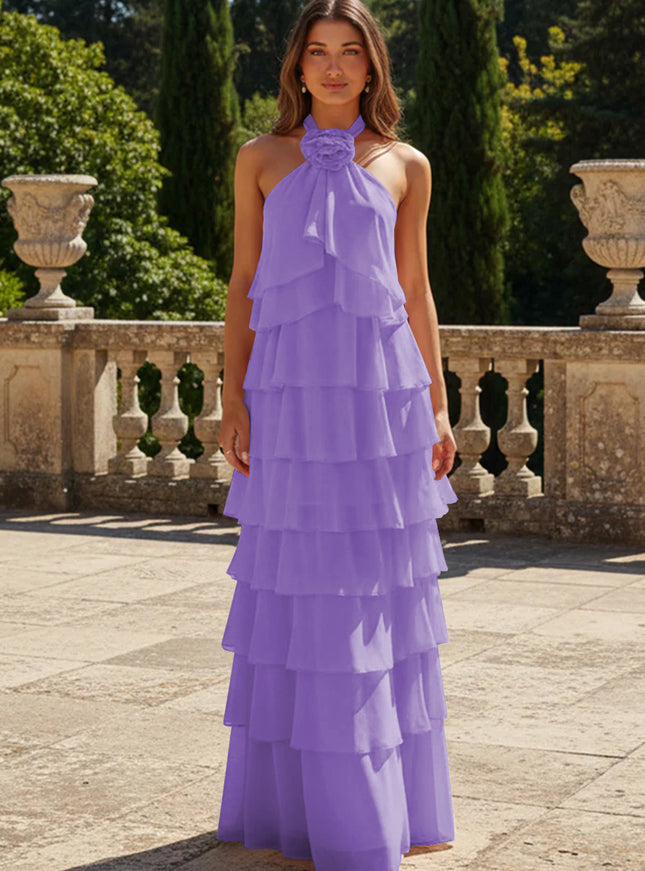 Chiffon 3D Flowers Halter Tiered Ruffles Bridesmaid Dresses
