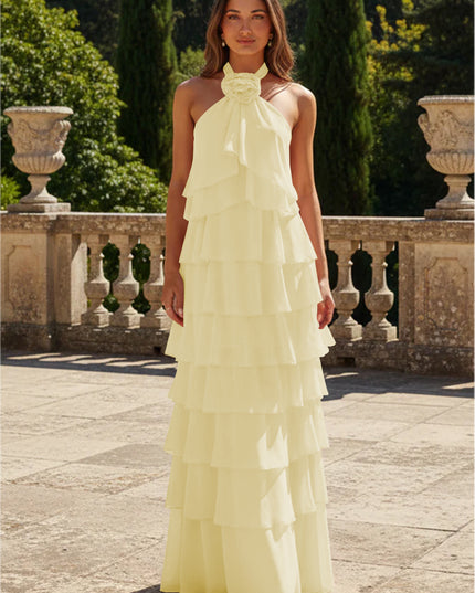 Chiffon 3D Flowers Halter Tiered Ruffles Bridesmaid Dresses