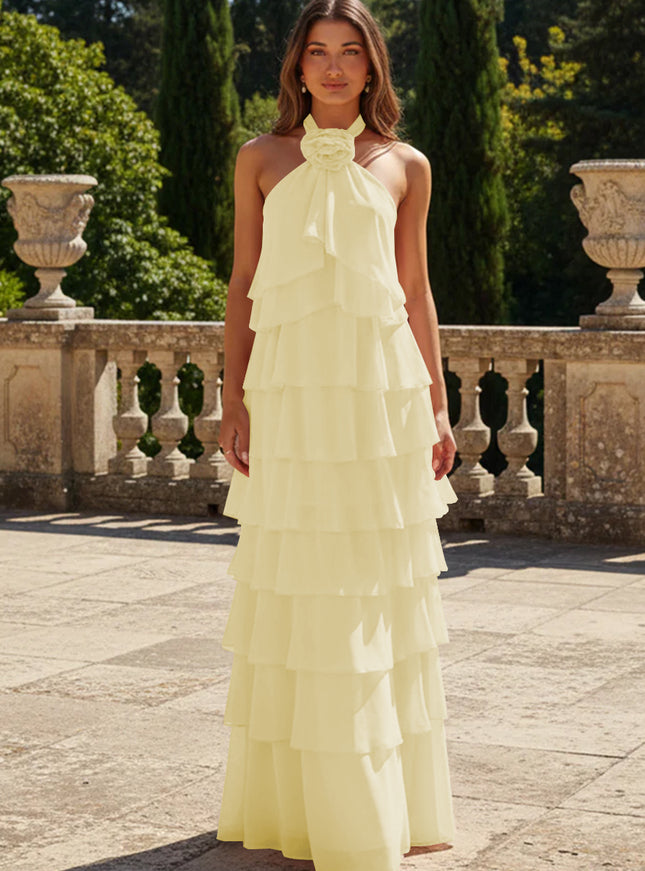 Chiffon 3D Flowers Halter Tiered Ruffles Bridesmaid Dresses