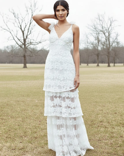 V Neck Spaghetti Straps Floral Print Tiered Lace Appliques Wedding Guest Dresses