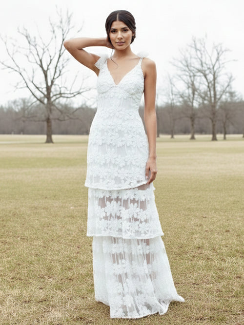 V Neck Spaghetti Straps Floral Print Tiered Lace Appliques Wedding Guest Dresses