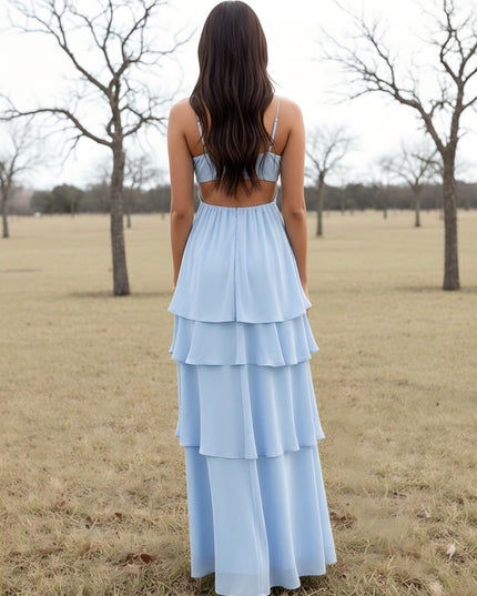 Chiffon V Neck Cut Out Spaghetti Straps Tiered Wedding Guest Dresses