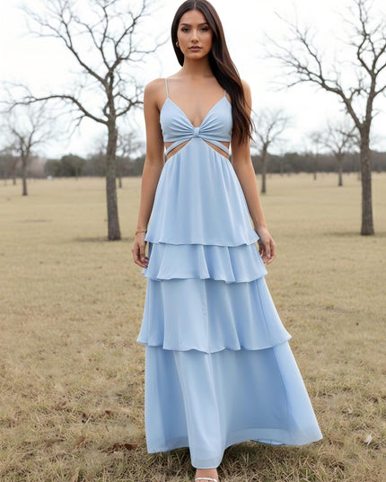 Chiffon V Neck Cut Out Spaghetti Straps Tiered Wedding Guest Dresses