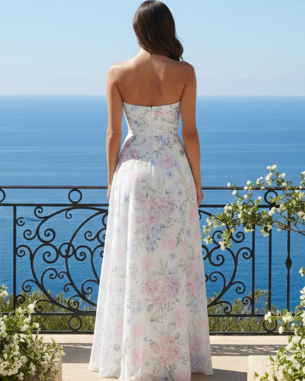 Strapless Cut Out Floral Print A Line Wedding Guest Dresses