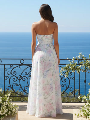 Strapless Cut Out Floral Print A Line Wedding Guest Dresses