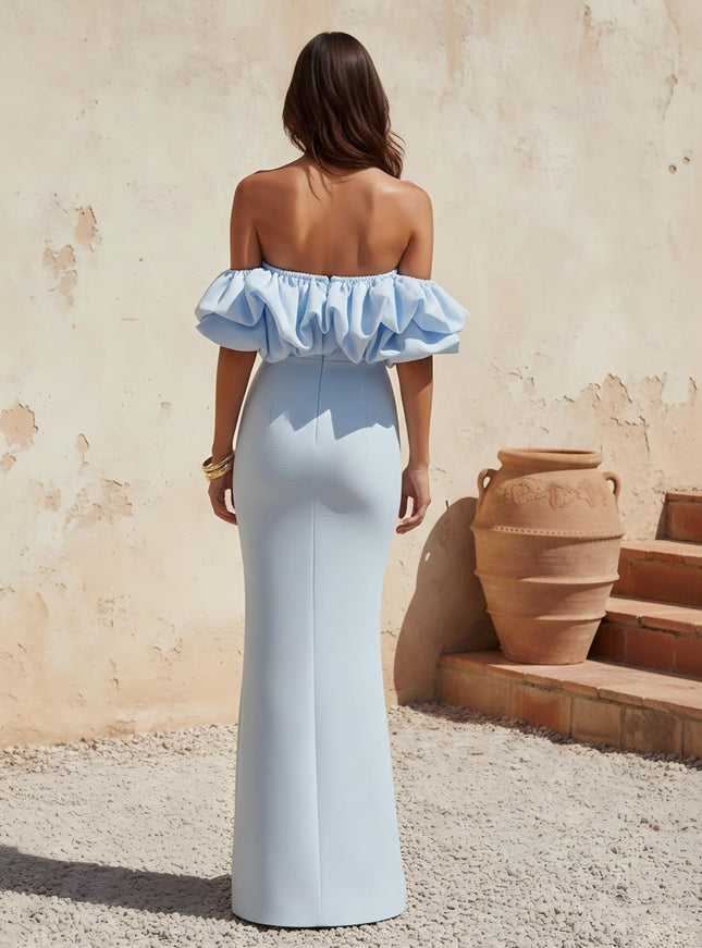Satin Strapless Ruffles Long Mermaid Wedding Guest Dresses