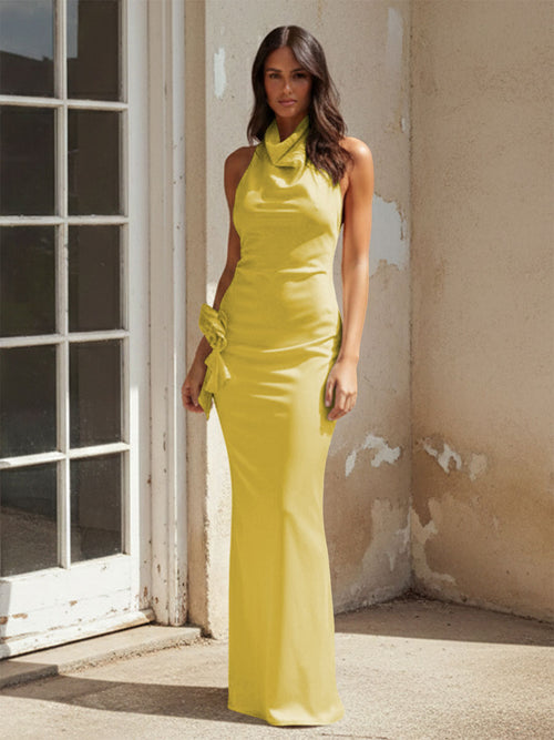 Satin Halter Pleated Long Mermaid Bridesmaid Dresses