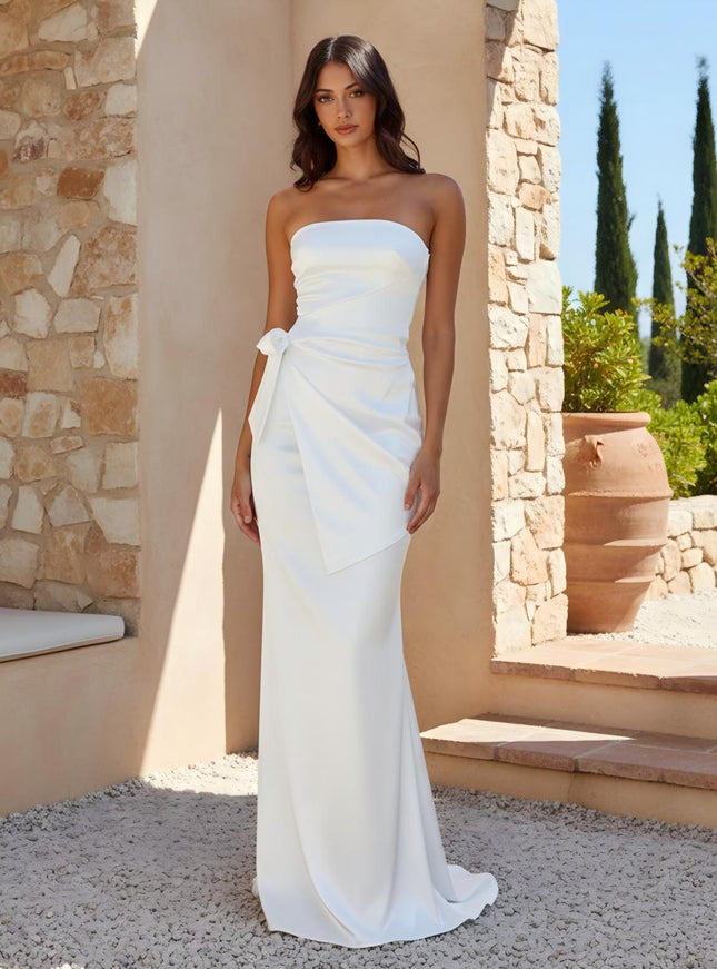 Satin Strapless Sleeveless Pleated Mermaid Wedding Guest Dresses