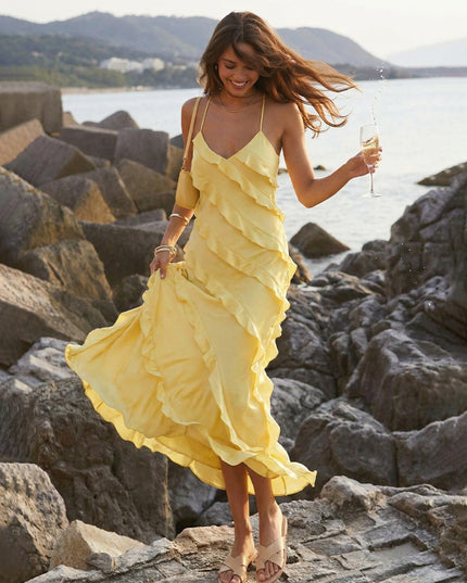 Chiffon V Neck Spaghetti Straps Ruffles Wedding Guest Dresses