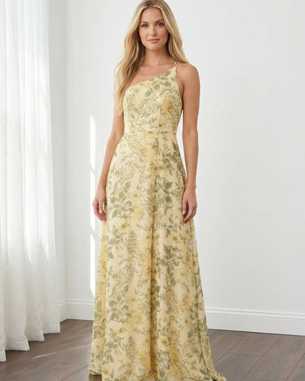 Spring Floral Chiffon One Shoulder Long Wedding Guest Dresses