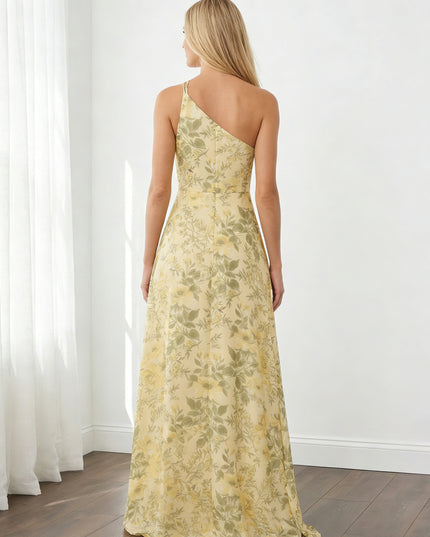 Spring Floral Chiffon One Shoulder Long Wedding Guest Dresses