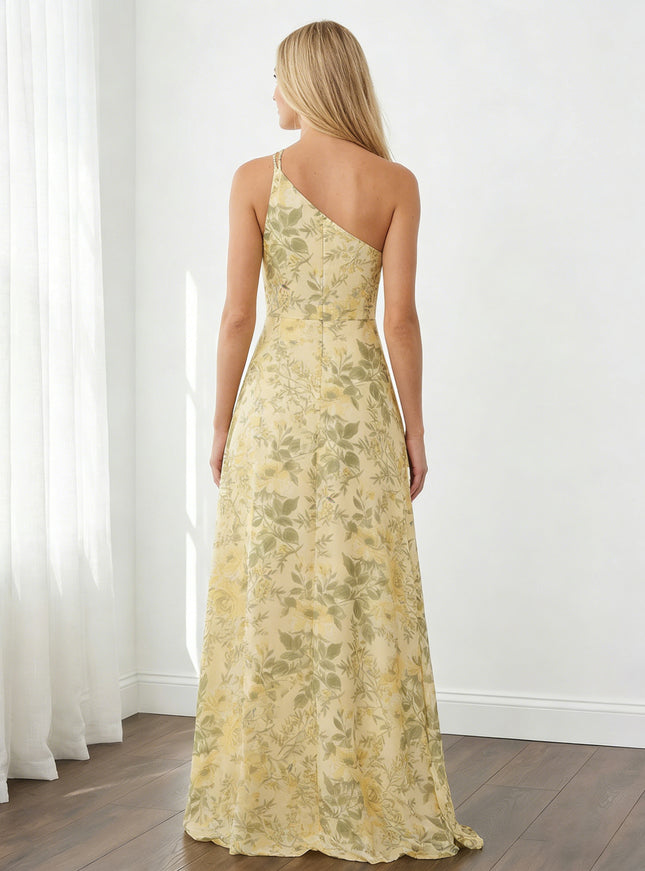 Spring Floral Chiffon One Shoulder Long Wedding Guest Dresses