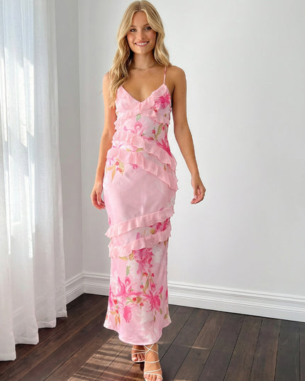 Spring Floral Chiffon V Neck Long Bridesmaid Dresses with Ruffles