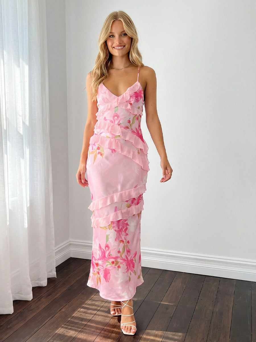 Spring Floral Chiffon V Neck Long Bridesmaid Dresses with Ruffles