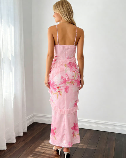 Spring Floral Chiffon V Neck Long Bridesmaid Dresses with Ruffles