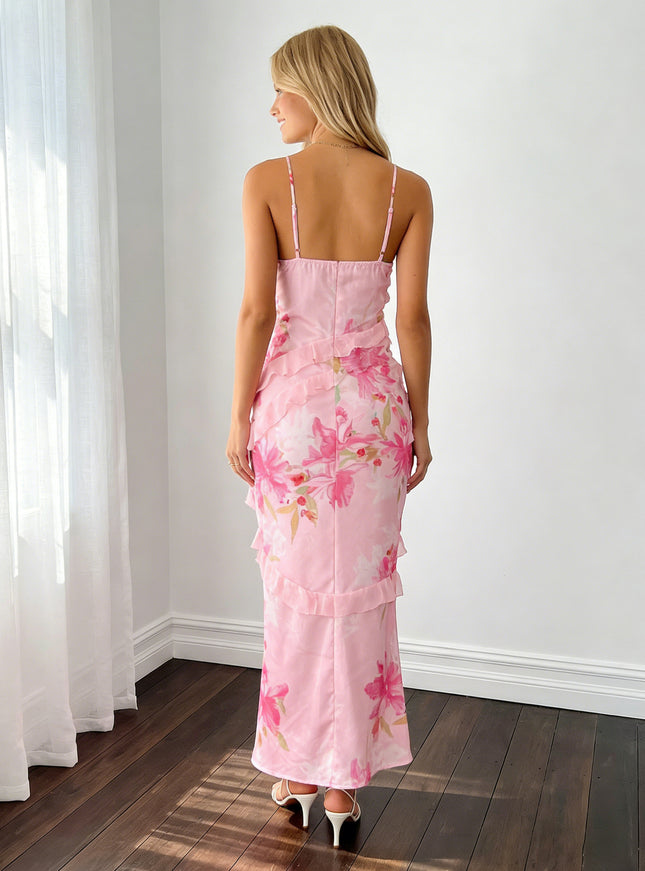 Spring Floral Chiffon V Neck Long Bridesmaid Dresses with Ruffles