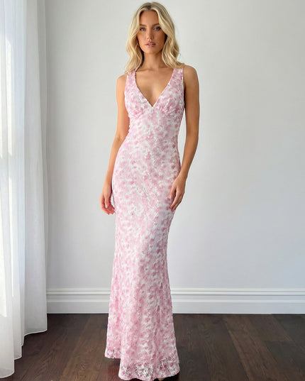 Lace Jacquard V Neck Maxi Wedding Guest Dresses