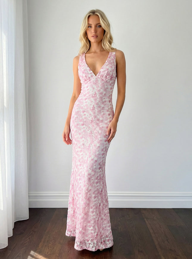 Lace Jacquard V Neck Maxi Wedding Guest Dresses