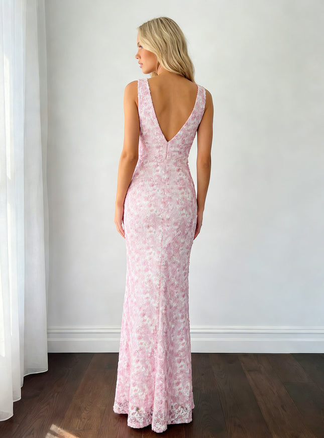 Lace Jacquard V Neck Maxi Wedding Guest Dresses