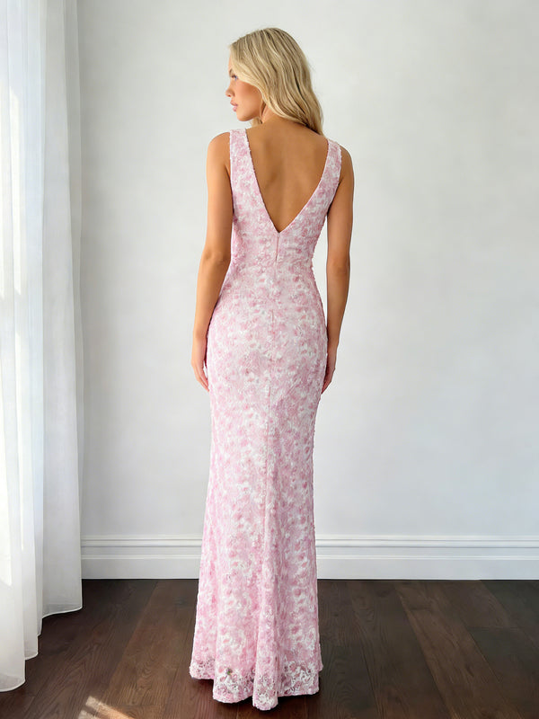 Lace Jacquard V Neck Maxi Wedding Guest Dresses