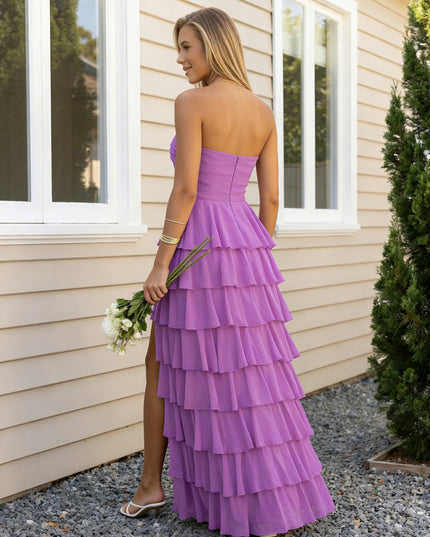 Chiffon Strapless Tiered Long Bridesmaid Dresses with Slit