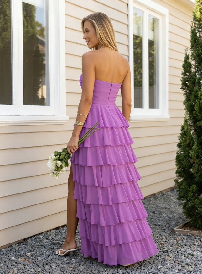 Chiffon Strapless Tiered Long Bridesmaid Dresses with Slit