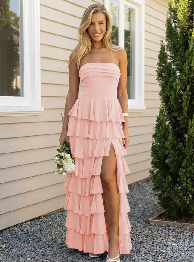 Chiffon Strapless Tiered Long Bridesmaid Dresses with Slit