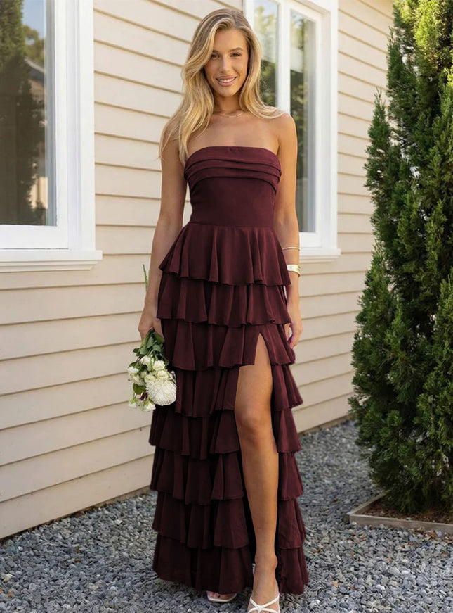 Chiffon Strapless Tiered Long Bridesmaid Dresses with Slit